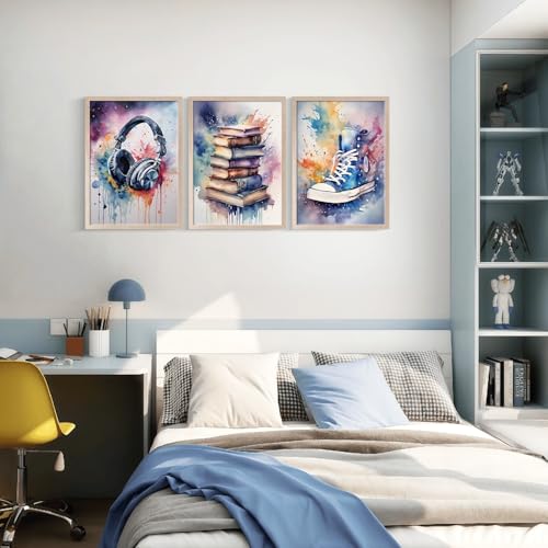 3 Pcs Framed Graffiti Abstract Wall Art Headphones Books Sneakers Canvas Print Poster Watercolor Pink Wall Decor Pictures Teenager Bedroom Wall Homemade Set Decoration for Living Room Bedroom Office 24" x 16" - color: Watercolor, size: 24"x16"