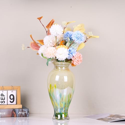 Hand Blown Glass Vase 11.8" Tall Beautiful Green Sea Wide Mouth Bud Vase for Table Centerpiece, Painted Colorful Murano Glass Flower Vases for - Home Entrance Wedding Center - color: Green