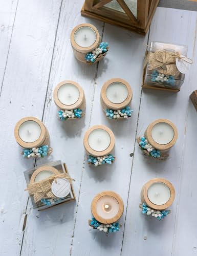 10 Pcs Handmade Wooden Tea Candle Holders, Baptism Gift, Baby Birthday Party Favors, Christening Guest Favors . (Light brown - blue) - color: Light Brown - Blue