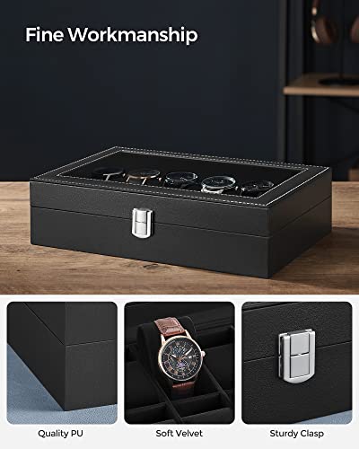 SONGMICS Watch Box, 12-Slot Watch Case Organizer with Large Glass Lid, Removable Pillows, Gift for Loved Ones, Black Synthetic Leather, Black Lining UJWB012B01 - color: Black + Black, size: 12 Slot
