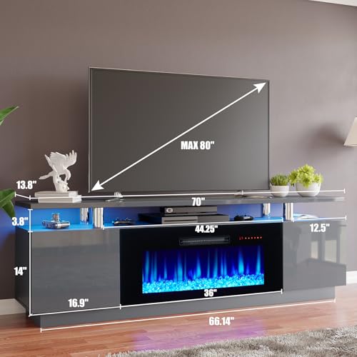 AMERLIFE Fireplace TV Stand with 36" Fireplace, 70" Modern Fireplace Entertainment Center LED Lights, 2 Tier TV Console Cabinet for TVs Up to 80", Grey - color: Grey, size: 70"