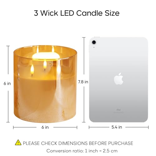 Eywamage 3 Wick Gold Glass Flameless Candle with Remote, Large Flickering LED Battery Pillar Candle Φ 6" H 6" - color: Gold