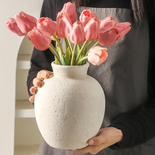Vanselia Ceramic Flower Vase Home Decor - Farmhouse Table Vases Rustic Vintage Living Room Kitchen Bedroom Decorations for House Book Shelf Office Coffee Desk Dining Fireplace (7.4" Rustic) - color: Rustic-7.4"