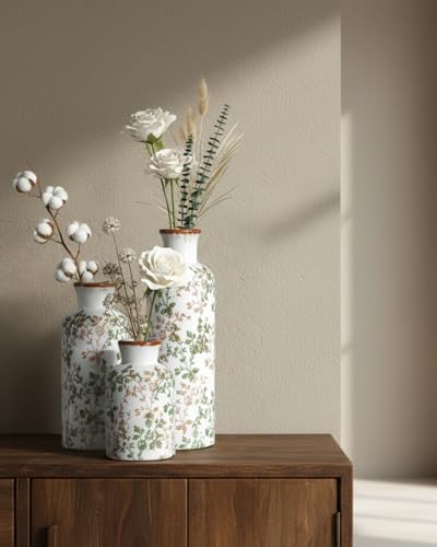 Ceramic Vase Set of 3, Vintage Ceramic Flower Vases, Crackle-Glaze & Distressed Rim, Brown & Green Botanical Pattern, for Home Decor, Living Room Mantel & Dining Table Centerpiece - color: Green & Brown01