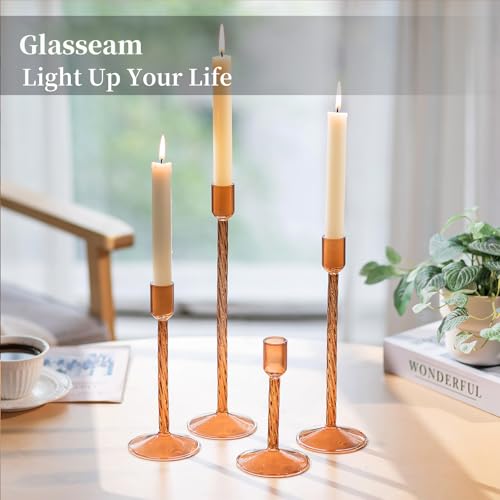 Glasseam Glass Candle Holder Brown: Fall Candle Holders Set of 4 Tall Candle Stick Candle Holder for Tapered Candles Decorative Candle Holders for Table Centerpiece Halloween Thanksgiving Decorations - color: Brown