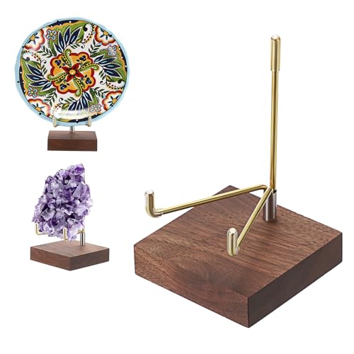 Hipiwe 2Pcs Wooden Base Display Stand Adjustable Metal Arms Display Stand Easel Decorative Plates Display Easel Holder for Crystal Fossil Slice Coral Geodes Rock Mineral Agate,Medium