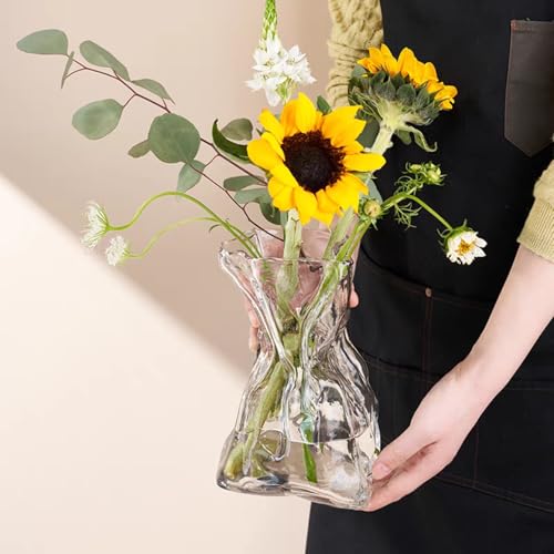 FOWSEEK 8.5IN Large Glass Flower Vase, Irregular Clear Big Vases for Centerpiece Table Indoor Desk Decor, Modern Art Decorative Vase for Home Office Wedding Bookshelf Housewarming Gift - color: Clear, size: Large