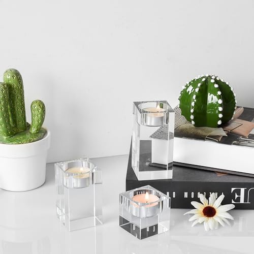 Kitcom Crystal Tealight Candle Holders Set of 3, 1.97/3.15/3.94 Inches Height, Heavy Solid Hand Cut Tealight Candlesticks Set, Table Centerpieces for Home Decor, Clear