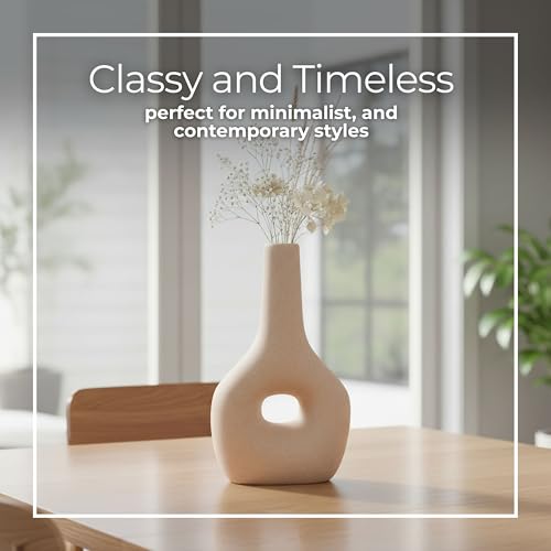 Ceramic Vase – Flower Holder for Stems and Greenery, Living Room, Bedroom, or Entryway Tabletop Decor, Modern Boho Hollow Design Home Decor Accent for Shelves and Consoles – 9", Ivory & Tan - color: Ivory, size: 9.0" H