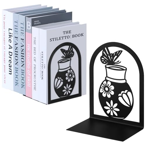 Aertiavty 2 Pcs Bookends for Shelves, Large Heavy-Duty Morden Vase Book Ends, Non-Skid Butterfly Bookends, Decorative Book Holder for Home Office, Metal Black Floral Book Stopper, 1 Pair - style: Butterfly Vase