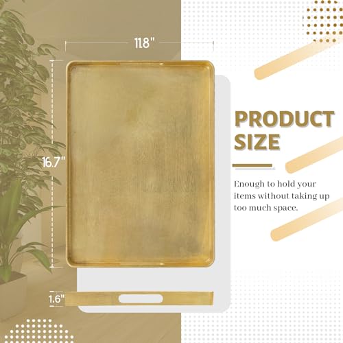 MAONAME Gold Decorative Tray with Handles, Foil Serving Tray for Ottoman, Rectangular Coffee Trays for Living Room, Bathroom, 16.7" L x 11.8" W x 1.6" H - size: 16.7" x 11.8" x 1.6"