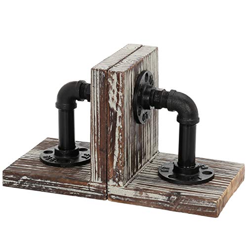 MyGift Decorative Bookends, Office Book Ends for Shelf, Book Holder L-Shaped Stand Desktop, Solid Torched Wood with Realistic Industrial Pipe Design - color: Torched Wood