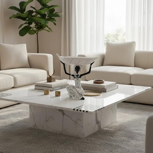 Lescafita African Woman Holding White Leaf Bowl Statue, Modern Resin Figurine Sculpture, Boho Home Table Decoration for Living Room or Entryway - color: 313-white