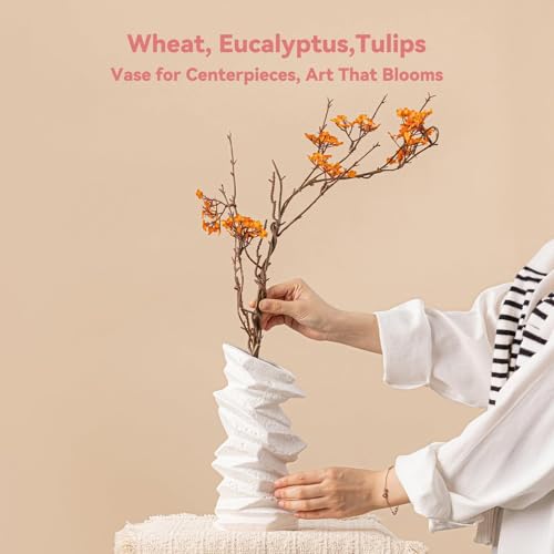 Stone-Stack White Ceramic Vase - 10" Unique Flower Vase for Pampas Grass, Farmhouse Decorative Vase for Living Room/Office, Boho Vase Ideal for Home Gifts & Centerpieces - color: Stone-stack