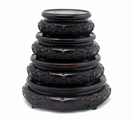 GOLDY&WENDY Oriental Luxury Round Elm Solid Wood Vase Display Stands Pedestal Base, Bat Pattern 3.9 in Diameter - size: 3.9X3.9X1.6 in