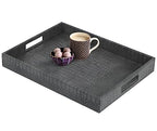 HofferRuffer Rectangle Serving Tray with Hole Handles for Coffee Table, Breakfast, Tea, Food, Butler - Countertop, Kitchen, Vanity Serve Tray, 16.2 x 12.2 x 2 inches, Faux Leather Tray (Dark Grey) - color: Dark Grey, size: 16.2" x 12.2" x 2"