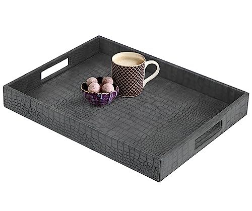 HofferRuffer Rectangle Serving Tray with Hole Handles for Coffee Table, Breakfast, Tea, Food, Butler - Countertop, Kitchen, Vanity Serve Tray, 16.2 x 12.2 x 2 inches, Faux Leather Tray (Dark Grey) - color: Dark Grey, size: 16.2" x 12.2" x 2"