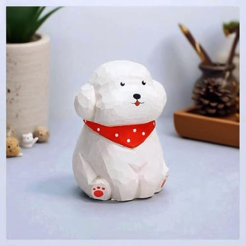 Hand-Carved Wooden White Teddy Dog Figurine, 2.7" White Puppy Statue with Base for Car Dashboard, Desk & Home Decor, Gift for Dog Lovers - color: White Teddy