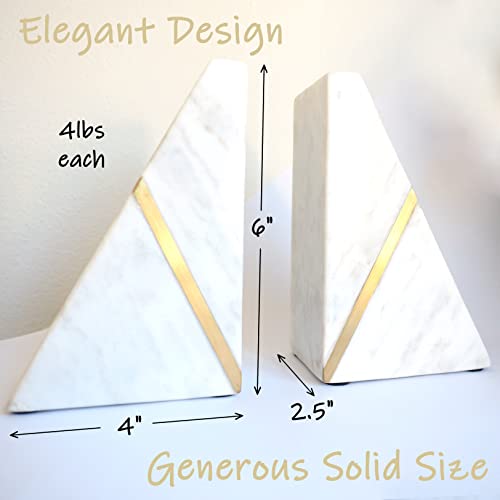 Marble Bookends Handcrafted Heavy Marble Triangular Bookshelf Decor Brass Inlay Set of 2 Decorative Bookends Book Stoppers with Non-Skid Bottom Solid Home Kitchen Office Shelves Triangle