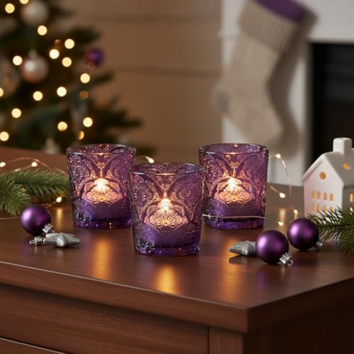 6 Pack Mandala Embossed Glass Candle Holders – Votive Tealight Holders with Patent Design, Decorative Embossed Glass Cups for Wedding Centerpieces, Parties, and Home Décor (Amethyst Bloom) - color: Amethyst Bloom