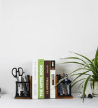 Owlgift Rustic Burnt Wood Decorative Bookends for Heavy Books with Matte Black Metal Wire Basket Pencil Holder and Office Supplies Storage Baskets Bins for Home, Office, Classroom, Dorm Room