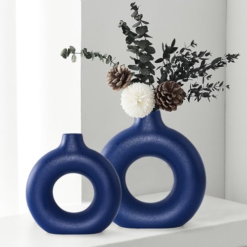 Blue Ceramic Donut Vase Set of 2, Hollow Round Matte Pampas Flower Vases for Boho Home Wedding Party Room Dinner Table Shelf Decor.（Blue） - color: Blue, size: Donut Set of 2
