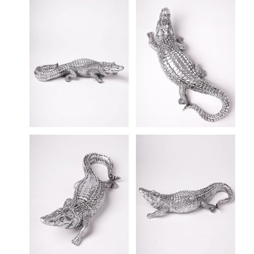 HAUCOZE Silver Crocodile Sculpture Animal Figurine Statue Modern Home Decor Table Centerpiece Gift for Bookshelf Desktop 14.2 Inch - color: Silver