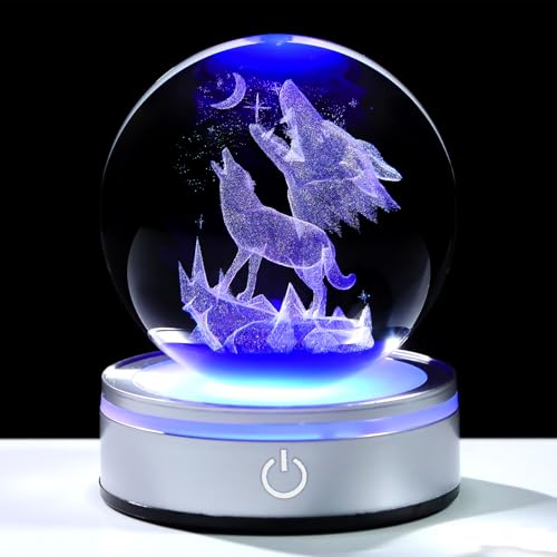 Arikyrist 3.15in. 3D Wolf Crystal Ball Gifts for Women Men, K9 Crystal Decorative Ball Engraved Wolf Figurine Paperweight with LED Light Base for Home Office Decoration for Birthday Christmas - color: Wolf