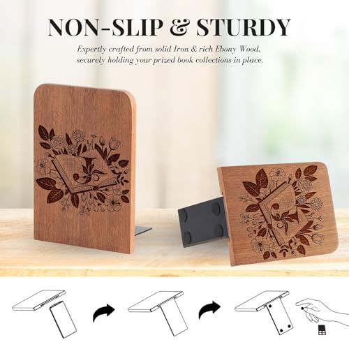 Wood Bookends, Book Ends for Shelves with Decorative Alphabet A and Z Design - Heavy Duty Iron & Ebony Wood Book Ends for Shelves Bookcase Desk - 1 Pair - J - color: J