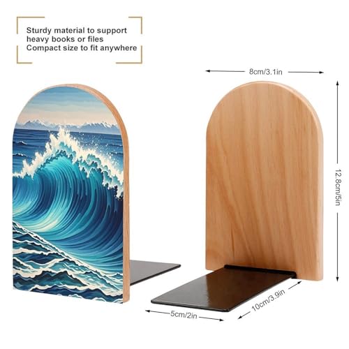 Blue Wave Art Bookends 1 Pair Heavy Duty Book Ends for Shelves Non-Skid Bookend Supports Wooden Book Holders with Metal Base Desk Organizers Books Storage to Hold Books