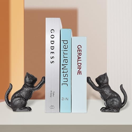 Cat Decorative Bookends, Cute Book Ends to Hold Books, Bookends for Shelves, Unique Cast Iron Book Stopper for Heavy Books, Cat Office Decor, 1 Pair/2 PCS