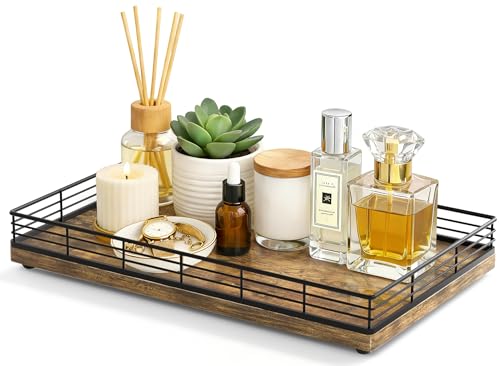Large Bathroom Vanity Tray – 13" x 8" Decorative Wooden Tray for Bathroom Countertop & Vanity Organizer, Wood Tray for Perfume, Skincare Accessories Storage, Vanity Dresser Decor Black & Rustic Brown - color: Rustic Brown, size: 13" x 8" x 2"
