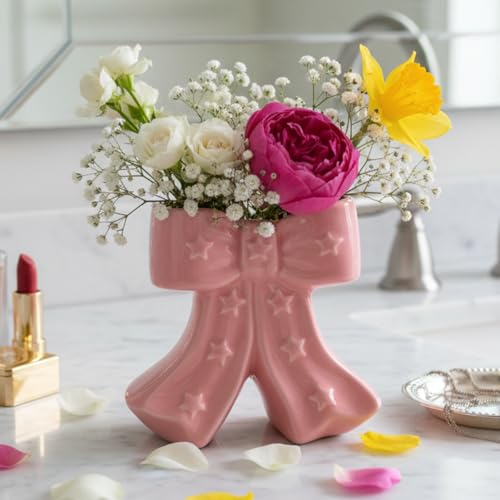 Pink Bow Vase, Hot Pink Flower Vase for Home Decor, Ceramic Vases for Boho Style, Small Cute Vases for Ideal Shelf Decor/Table/Living Room. (Pink 2, Large) - color: Pink 2