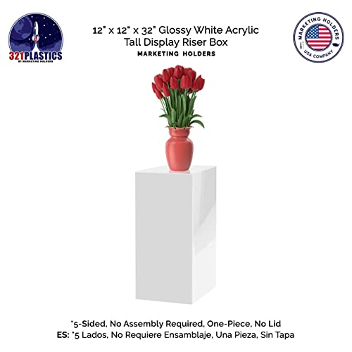 Marketing Holders Tall Acrylic Retail Display Box Cube Pedestal Art Sculpture Stand White Lucite Plinthe 12" x 12" x 32" Wedding Flower Tower One Piece Plexiglass Column