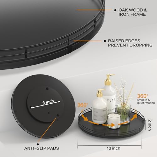 13" Oak Wood Lazy Susan Organizer, Lazy Susan for Cabinet Dining Table Pantry Wood Turntable Organizer Tray for Coffee Table Kitchen Countertop Salt Pepper Spice Organization and Storage Round Black - color: Black, size: 13