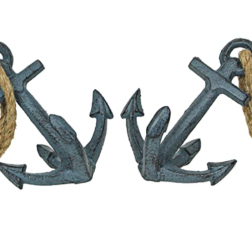 Set of 2 Blue Cast Iron Boat Anchor Bookends: Nautical Home Decor Sculptures Standing 4.75 Inches High, Perfect for Adding Maritime Charm to Your Bookshelves - color: Anchor - Blue