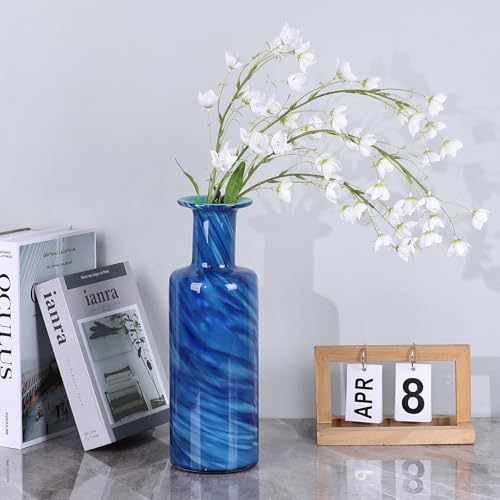 13" H Hand-Blown Glass vase, Modern Art Glass Cylindrical vase, Blue Glass Decorative vase, Ideal for Living Room Dining Table centerpieces, TV Console, Office, or Console Table Decor. - color: Blue