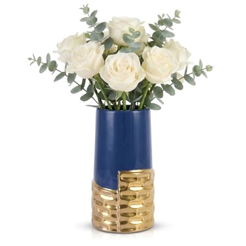 LCCCK 7.0" Gold Hammered Vase Home Decor, Elegant Ceramic Blue and Gold Flower Vase for Pampas Grass Decorative, Boho Small Cylinder Vases Centerpiece, Dining Table Living Room Jarrones Art - color: Blue and Gold