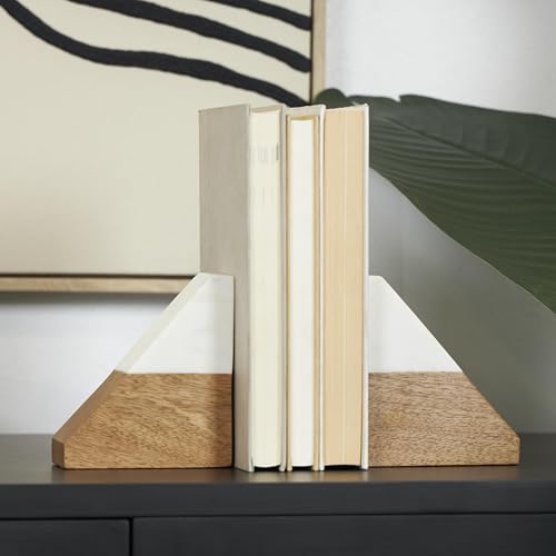 Deco 79 Mango Wood Geometric Decorative Bookends Triangle 3 lbs Non Skid Bookends with White Marble Tops, Set of 2 Office Bookends4 W, 5" H, Brown - size: 4"W, 5"H