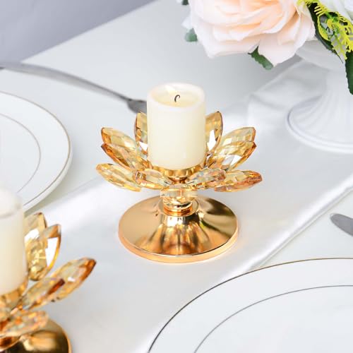 1 PC Gold Crystal Flower Tea Light Holder, Glass Tealight Candlestick with Metal Base, Votive Candle for Table Centerpiece, Wedding/Parties Decor, Nice Gift - color: Gold
