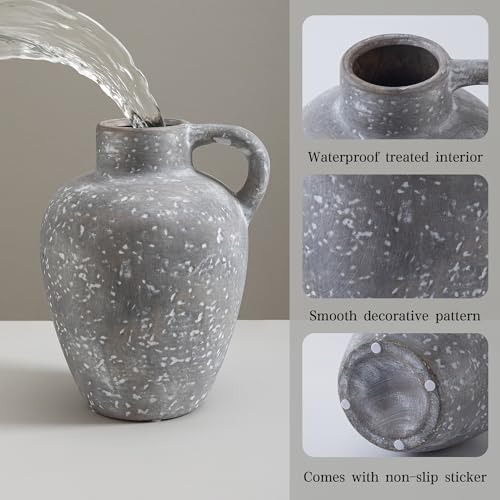 Ceramic Decorative Flower Vase with Handle, 8.85 Inch Pottery Rustic Farmhouse Vase for Home Decor, Living Room, Shelf Decor, Wedding, Housewarming Gift - color: Farmhouse-8.85 In-2