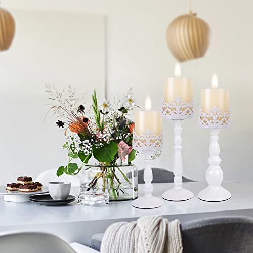 Candle Holders for Pillar Candles Set of 3 White Vintage Tall Candle Holders Decorative Large Table Centerpieces Candle Stand Decor - color: White