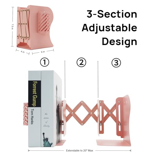 Adjustable Book Ends for Heavy Books, Metal Expandable Bookends for Shelves, Book Organizer Stopper Holder for Desk, Kids Room, Classroom, Office, Library (Pink) - color: Pink