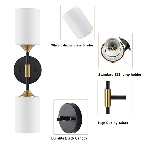 BYOLIIMA Industrial Mid Century Wall Sconce 2-Lights with White Cylinder Glass Shades Modern Bathroom Vanity Wall Lamp Matte Black and Gold Brushed Brass Finished Wall Light Fixture - color: Gold/Black-Cylinder Glass Shades