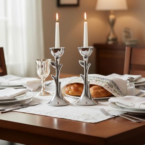 Nambé Tree of Life Sabbath Candlesticks - 8-Inch Sculptural Candle Holders, Elegant Alloy Shabbat Table Accents & Taper Candles, Hanukkah Gifts & Contemporary Judaica Décor