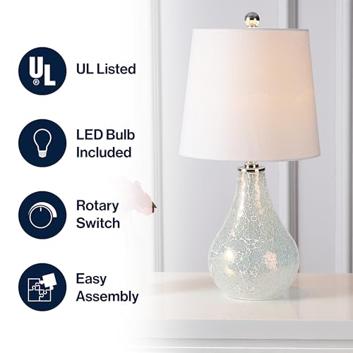 JONATHAN Y 20.5" Mosaic White Coastal Mini LED Table Lamp for Living Room Office, White Linen Drum Shade, Modern Mother of Pearl Bedside Nightstand Lamp, LED Bulb Included (JYL1024B) - color: White