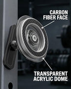 BLAUBECK Magnetic Gym Phone Holder for MagSafe & Android | Carbon Fiber Face + Transparent Acrylic Disc | Ball Joint 360° Mount for Squat Racks, Golf Carts & Metal Equipment | Metal Ring Included