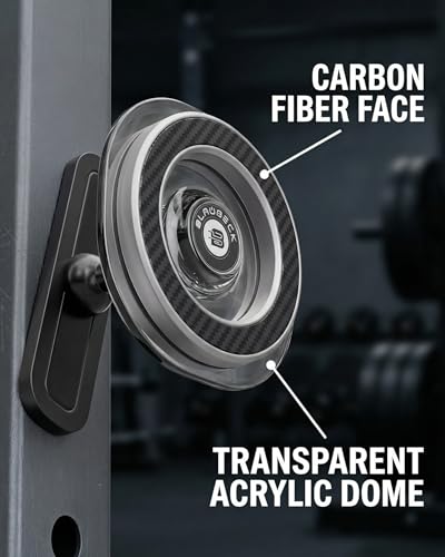 BLAUBECK Magnetic Gym Phone Holder for MagSafe & Android | Carbon Fiber Face + Transparent Acrylic Disc | Ball Joint 360° Mount for Squat Racks, Golf Carts & Metal Equipment | Metal Ring Included