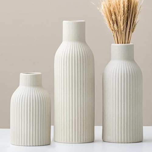 Modern Ceramic Vases Set of 3, Beige Ribbed Decorative Vases, Table Centerpiece for Home Decor (Beige) - color: Beige