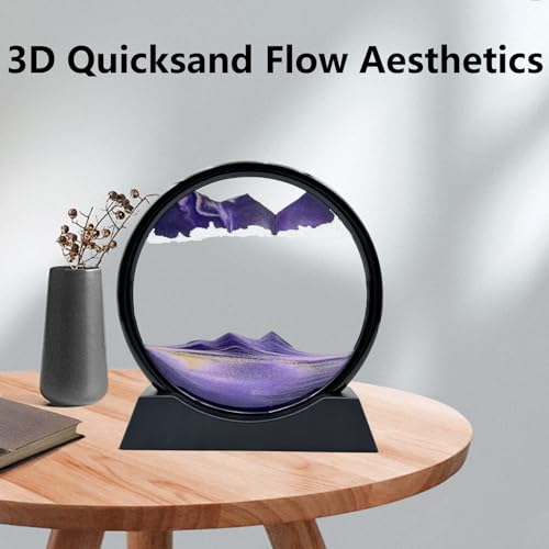AzureLeap Moving Sand Art Liquid Motion, 3D Deep Sea Sandscape Color Quicksand Decor, Round Glass Moving Sand Art Picture Relaxing Desktop Home Office Work Decor (7 inch-Purple) - color: Purple, size: 7 inch
